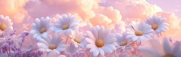 Aufkleber - Elegant daisies with champagne-colored petals brighten a tranquil sunset landscape