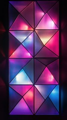 Poster - Modern abstract geometric background featuring illuminated colorful triangles and squares in soft lighting creating a vibrant atmosphere