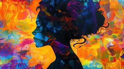 Aufkleber - Vibrant silhouette of a woman against an abstract colorful background in an expressive artistic style