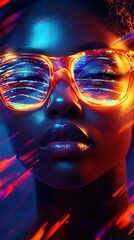 Leinwandbilder - Vibrant portrayal of a filmmaker's expressive face illuminated by colorful lights in a creative atmosphere