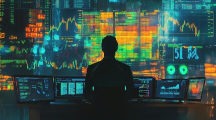 Leinwandbilder - Traders silhouette surrounded by vibrant stock market data displays during evening hours