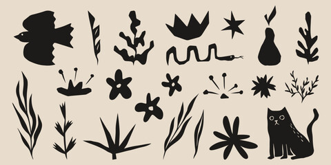 Fototapete - Set of abstract organic shapes in cut boho style - hand drawn vector illustrations of plants and animals in black. Doodle style leaves, flowers, bird and cat silhouette. Cute botanical design assets.