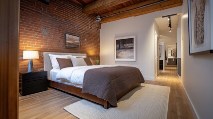 Aufkleber - Loft-style bedroom featuring exposed brick walls and warm wooden accents with an inviting atmosphere