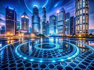 Wall Mural - night city lights: geometric circle and square patterns in urban architecture