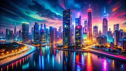 Wall Mural - night cityscape core design: illuminated buildings and abstract shapes