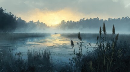 Poster - Foggy marshland clearing reveals the first light of dawn over still waters and whispering reeds
