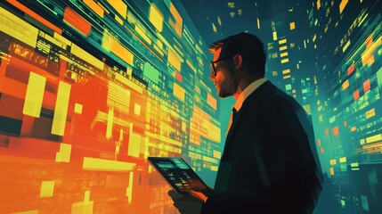 Aufkleber - Dynamic representation of a trader analyzing market data in a futuristic city environment at night