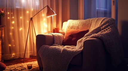 Aufkleber - Cozy reading nook featuring a plush armchair with a soft blanket, warm lighting, and a welcoming atmosphere in the evening