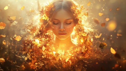 Aufkleber - Conceptual visualization of a glowing woman surrounded by shimmering autumn leaves in a mystical forest setting