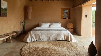 Aufkleber - Cozy bedroom featuring organic cotton bedding and natural jute decor in a serene setting
