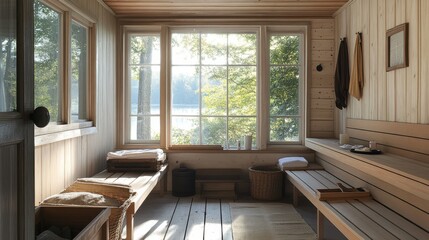 Aufkleber - Scandinavian-inspired sauna with pale wooden interior and large windows overlooking a serene lake