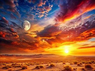 Wall Mural - Panoramic Celestial Sunset: Sun and Moon Aligned in Dramatic Sky