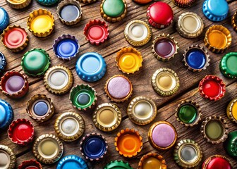 Wall Mural - panoramic view of colorful bottle cap designs arranged on a rustic wooden surface