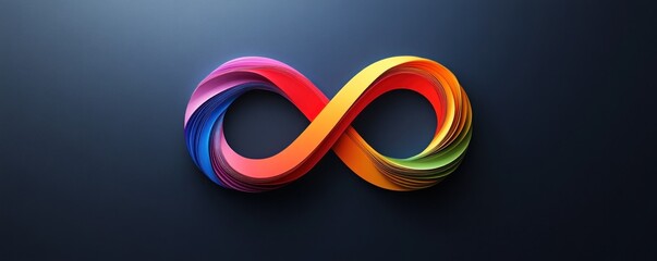 colorful dimensional infinity symbol rendered on a sophisticated dark navy blue gradient background surface