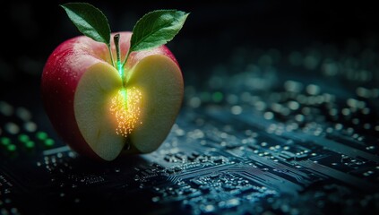 Wall Mural - a vibrant sliced apple emitting golden particles on a circuit board connecting nature with technolog