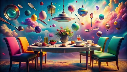Wall Mural - surreal dining table setting: floating cutlery & ethereal food
