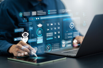 ai artificial intelligence and education technology concept. a man use laptops, learn lessons and on