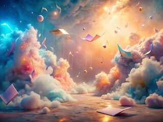 Wall Mural - surreal floating notes: whimsical paper dreamscape stock photo
