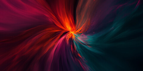 Wall Mural - A radiant, colorful abstract background resembling a nebula explosion in deep space. The swirling cosmic clouds in glowing violet, fiery red, and deep teal create a celestial, galactic, and visually