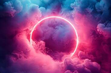 Wall Mural - A circle of red and purple smoke is floating in the sky