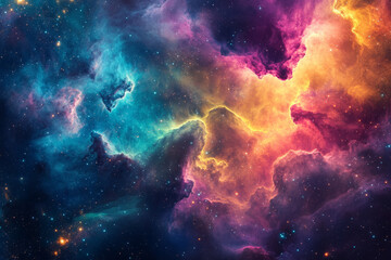 Wall Mural - A dreamy, colorful abstract background resembling a cosmic nebula. Swirling gaseous clouds in hues of rich magenta, glowing cyan, and golden amber stretch across a deep space backdrop, evoking