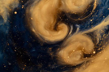 Wall Mural - A mesmerizing, colorful abstract background with swirling galaxies of cosmic dust. The celestial clouds in bright gold, deep indigo, and soft coral create a dreamlike, interstellar, and visually
