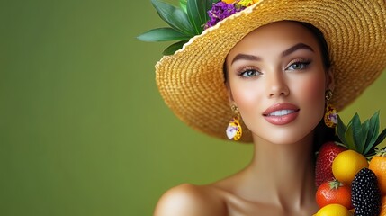Wall Mural - woman wearing a straw hat and holding a bunch of fruit. the fruit includes apples, oranges, and stra