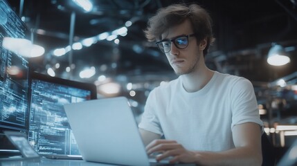 Focused coder works late, analyzing data on laptop and large monitors