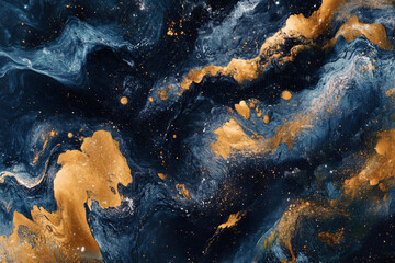 Wall Mural - A mesmerizing, colorful abstract background with swirling galaxies of cosmic dust. The celestial clouds in bright gold, deep indigo, and soft coral create a dreamlike, interstellar, and visually
