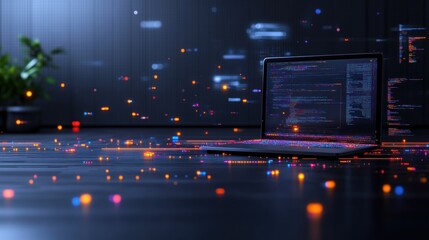Digital Landscape: A futuristic scene of a laptop displaying code amidst glowing particles, symbolizing innovation and technology.
