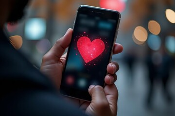 Someone holding a smartphone displaying a glowing red heart