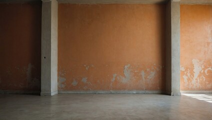 apricot-colored wall texture with a rough concrete floor