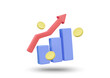 © Khomkrid - 3D illustration vector render of graph icon, up arrow, and coins. Financial growth and investment return concept. Economic trend or profit. Increasing returns. Isolated on white background.