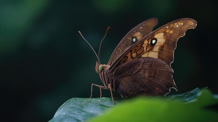 Fototapete - Close-up shot of a butterfly perched on a leaf, emphasizing its delicate features and natural surroundings