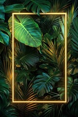 Wall Mural - Striking gold neon frame set against a backdrop of lush tropical foliage, creating a vivid and luxurious visual display.