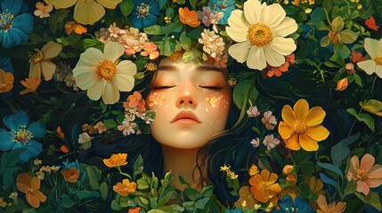 Wall Mural - Serene woman with eyes closed, adorned with a vibrant crown of blooming flowers.