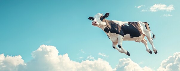 Wall Mural - A black and white cow leaps joyfully through a bright blue sky with fluffy clouds.