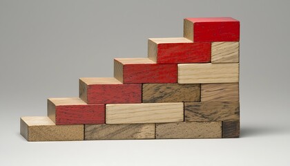 Wall Mural - Wooden blocks arranged to form a stair-like bar graph with a red arrow pointing upwards, visually representing financial growth and success in a tangible, easy-to-understand format.