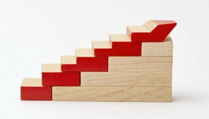 Wall Mural - Wooden blocks arranged to form a stair-like bar graph with a red arrow pointing upwards, visually representing financial growth and success in a tangible, easy-to-understand format.
