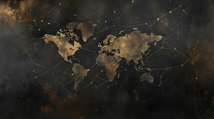 Aufkleber - Grunge world map with gold network connections.