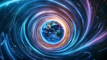 Wall Mural - A vibrant, swirling vortex of light encircles a detailed depiction of planet Earth, creating a visually stunning representation of cosmic energy and global connectivity.