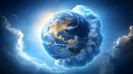 Wall Mural - A digitally created image shows Earth partially shrouded in ethereal blue clouds, set against a backdrop of twinkling stars.