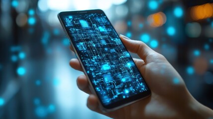 Fototapete - Hand holding smartphone displaying digital data.