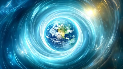 Wall Mural - A vibrant image depicts planet Earth nestled within a swirling vortex of luminous blue and gold energy, creating a cosmic spectacle.