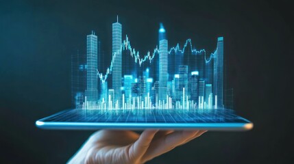 Fototapete - Hand holding tablet displaying a city skyline with superimposed stock market graph. (1)