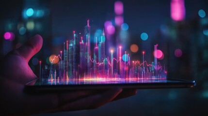 Fototapete - Hand holding tablet displaying a futuristic city skyline with glowing data streams.
