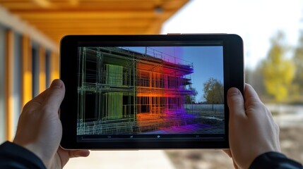 Leinwandbilder - Hands hold tablet displaying 3D model of building under construction, overlaid on real-life image.