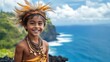 © ThuyTrang - A cheerful young boy dressed as an island chief, wearing a traditional malo wrap, kukui nut necklace, and a feathered headpiece,