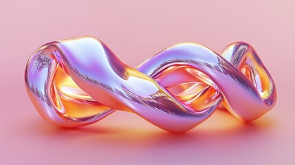 A lustrous twisted metallic ribbon reflecting colorful ambient light