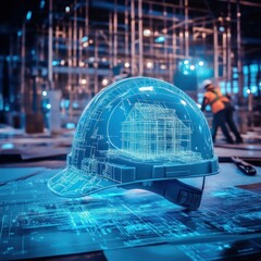 Aufkleber - Hard hat with digital building blueprint on construction site.